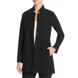 Eileen Fisher Stand Collar Waffle Knit Jacket SZ M Black Longer Length